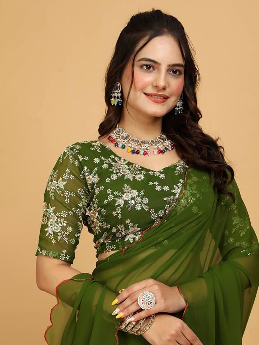 DIVASTRI Mehndi Embroidered Pure Georgette Saree