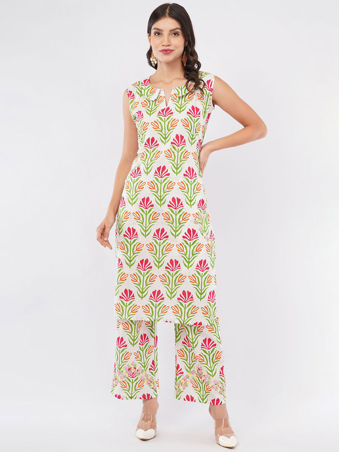 Mishy Floral Printed Notch Neck Pure Cotton Straight Kurta With palazoo