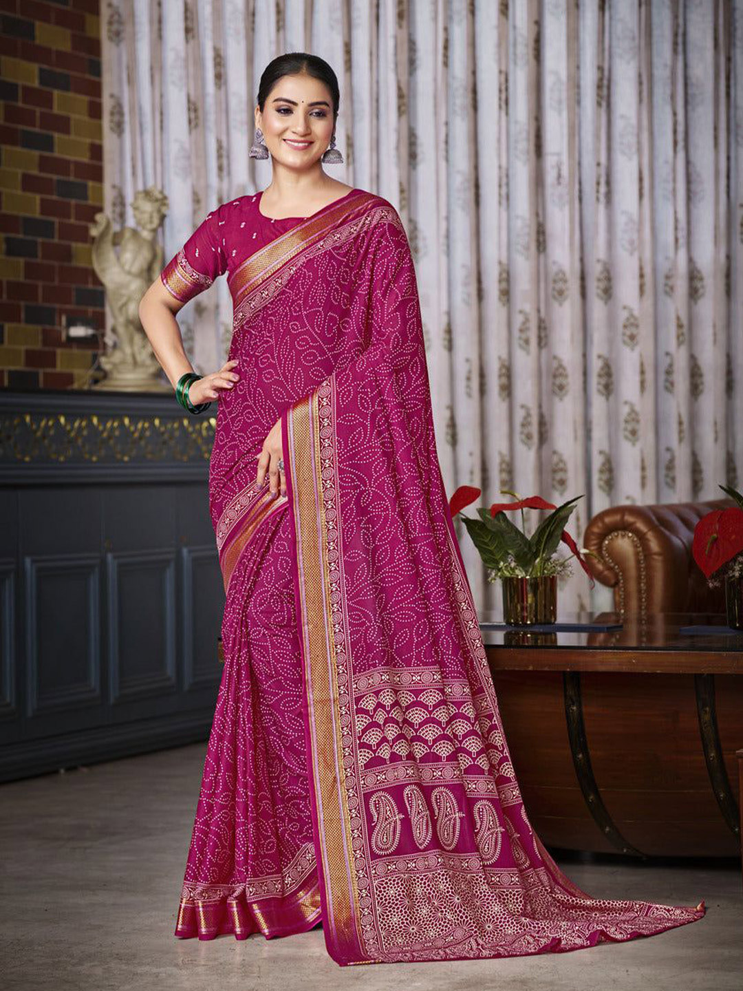 all about you Woven Design Bandhani Printed Zari Silk Blend Saree