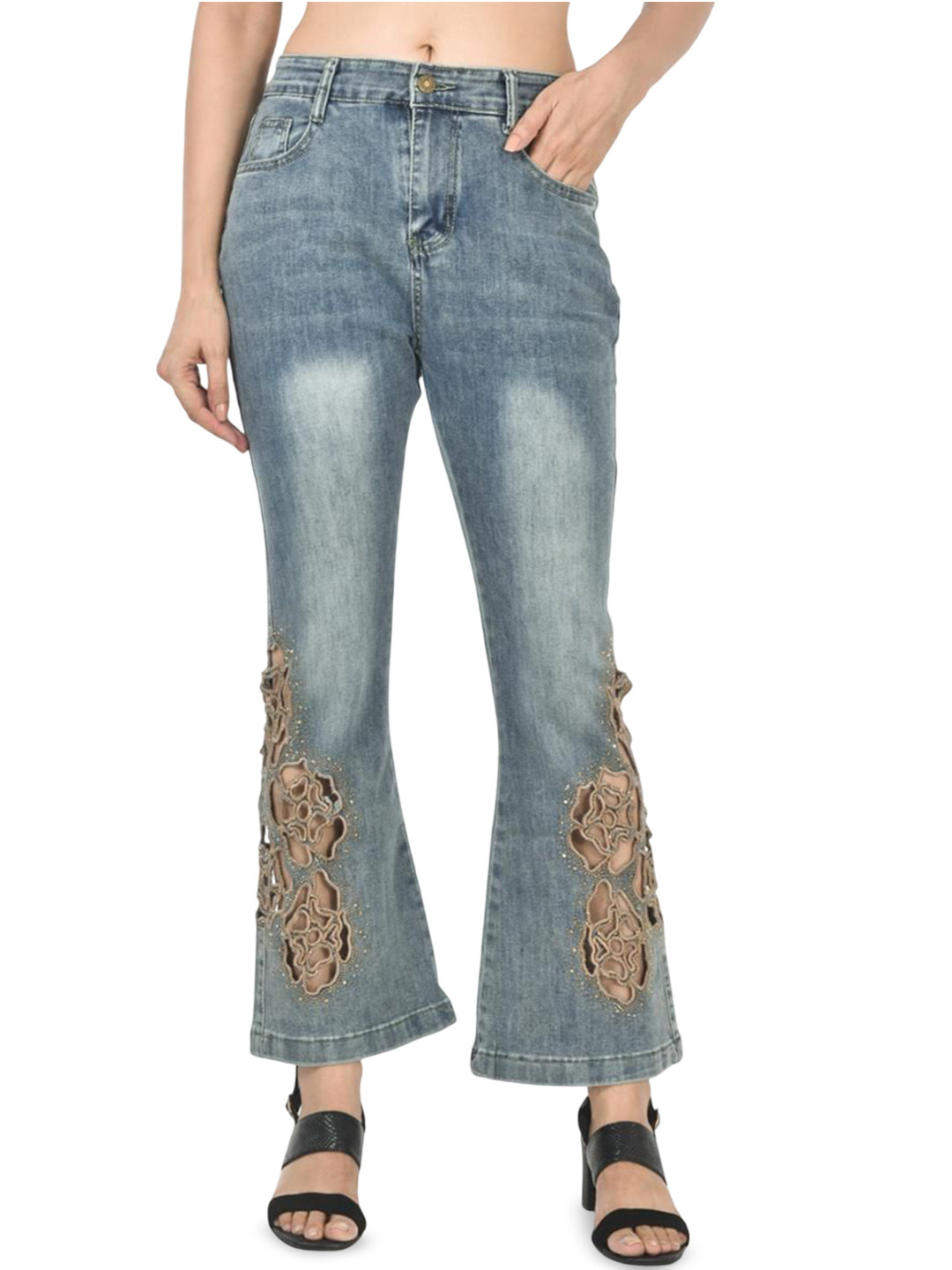 ADC SHEMONA Women Wide Leg Mid-Rise Light Fade Embellished Aera Cut Work Jeans