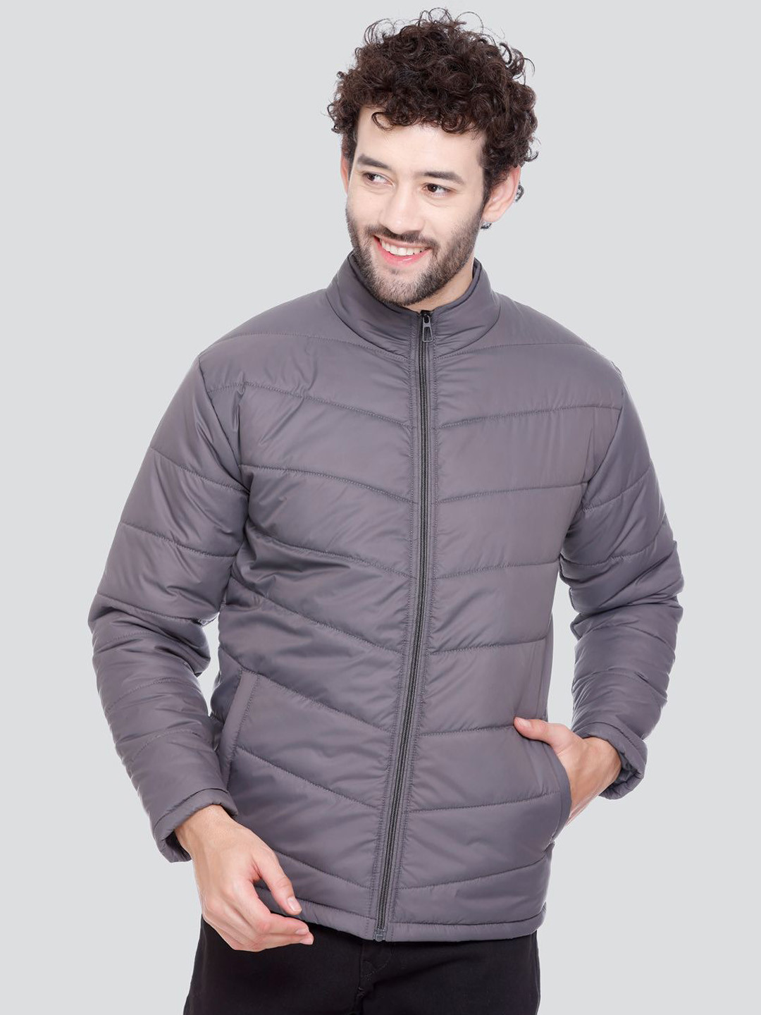 The Roadster Lifestyle Co Men Solid Stand Collar Zipper Winter Puffer Jacket