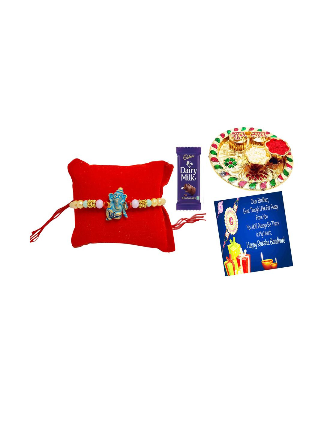 Ganes ji Metal Rakhi 4.5 Inch Plate n choclate Greeting card n Roli