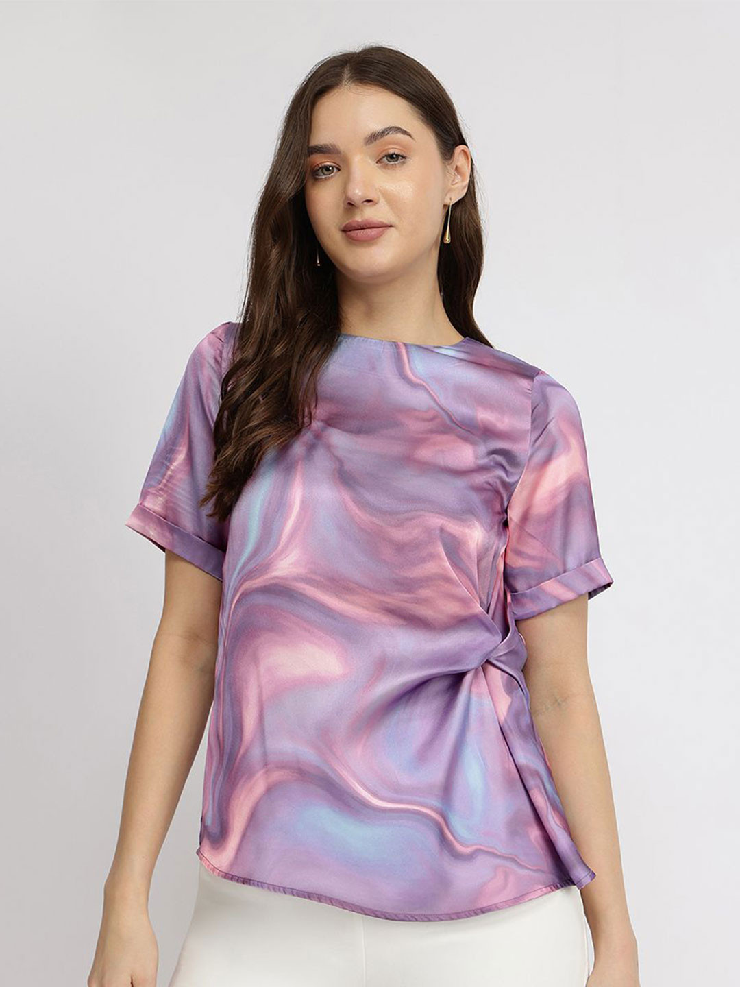 FableStreet Women Marble Printed Satin Regular Top with Twisted Detail