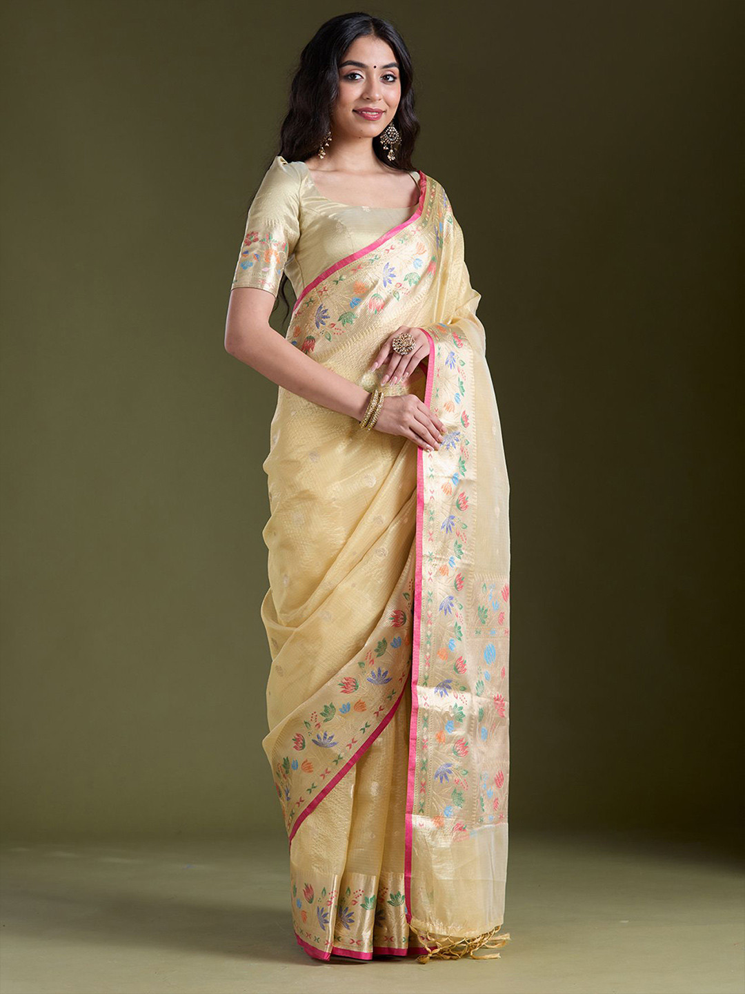 Koskii Yellow Zariwork Gold Banarasi Silk Saree