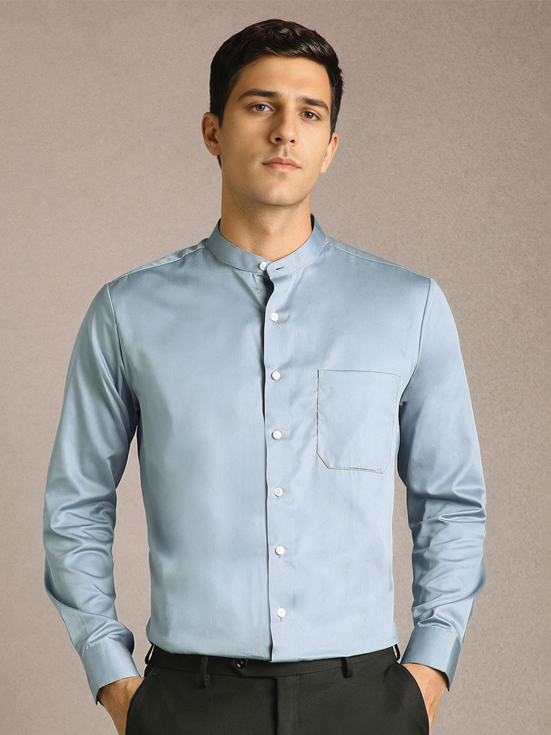 Louis Philippe Men Solid Band Collar Pure Cotton Formal Shirt