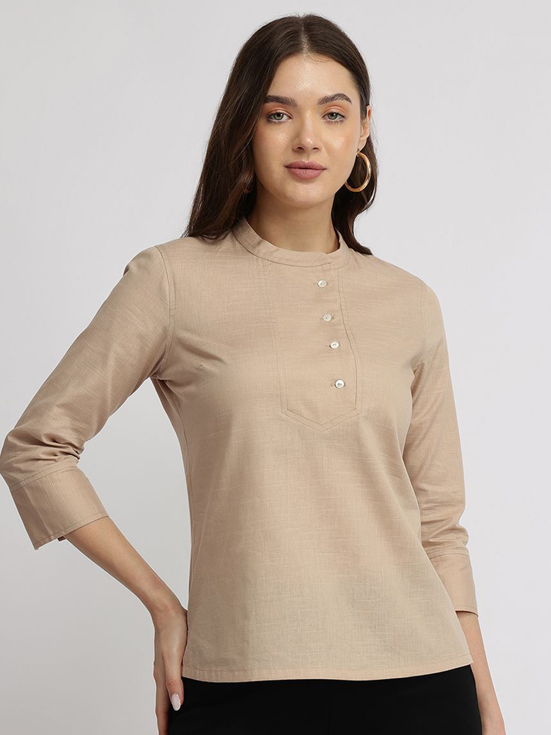 FableStreet Women Beige Mandrin Pure Collar Cotton Top