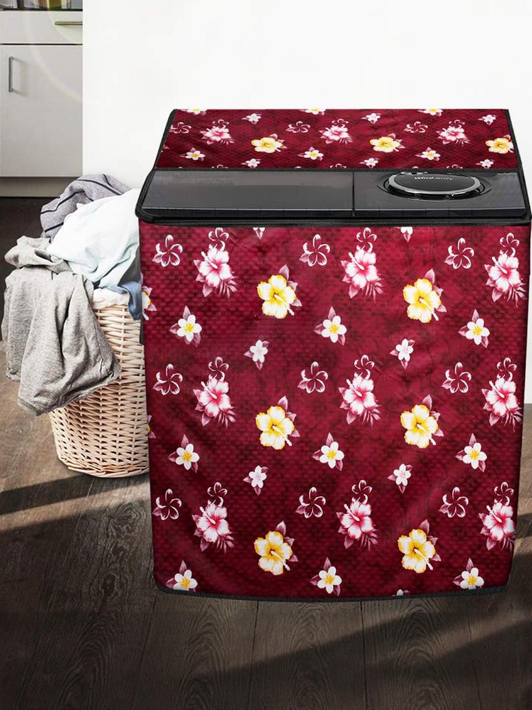 The Furnishing Tree Washing Machine Cover Floral Red Compatible for LG 9.5 KG Semi-Automatic Top Lo