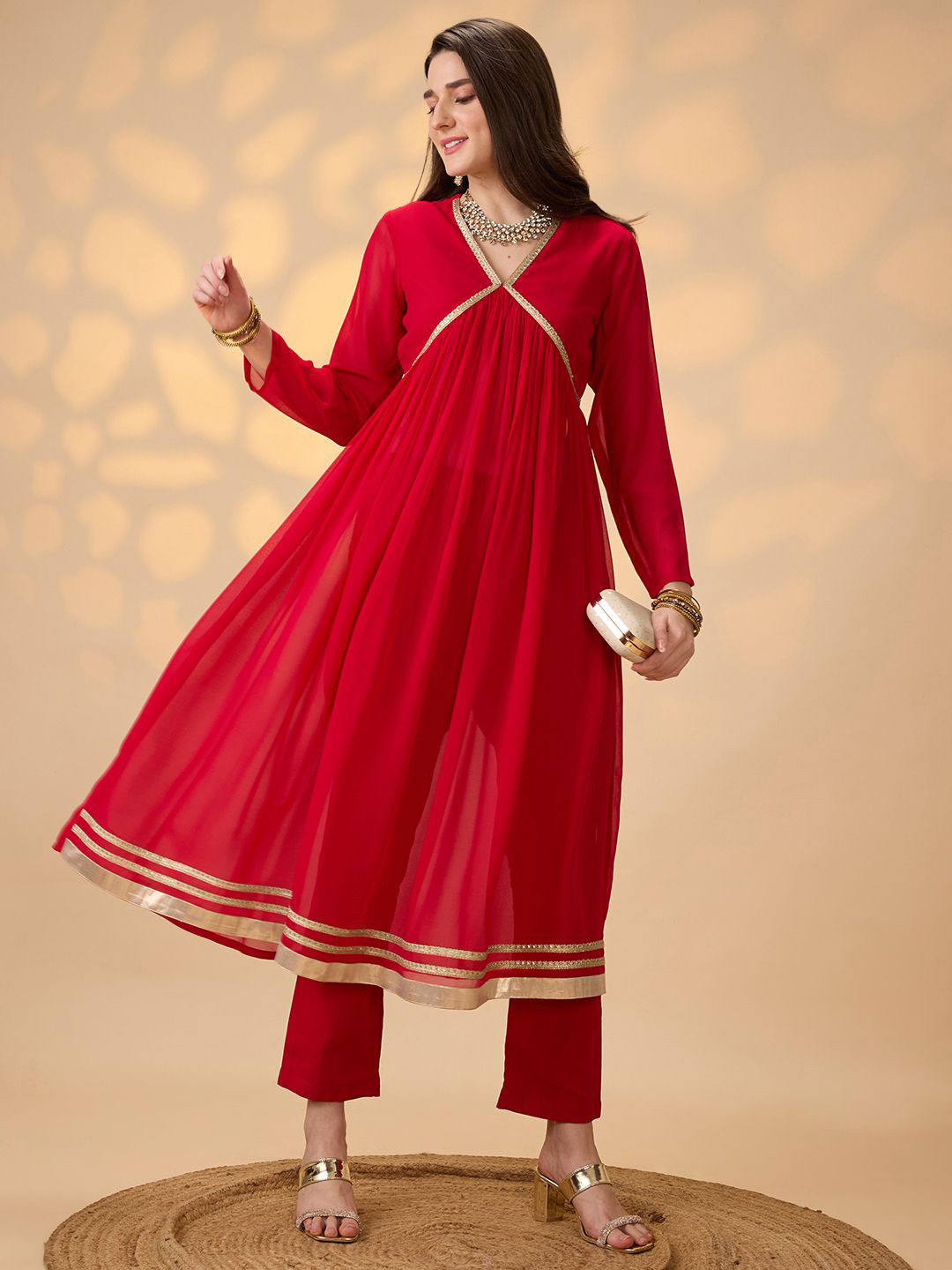Globus V-Neck Empire Gotta Patti Detail Flared A-Line Alia Cut Kurta With Trousers