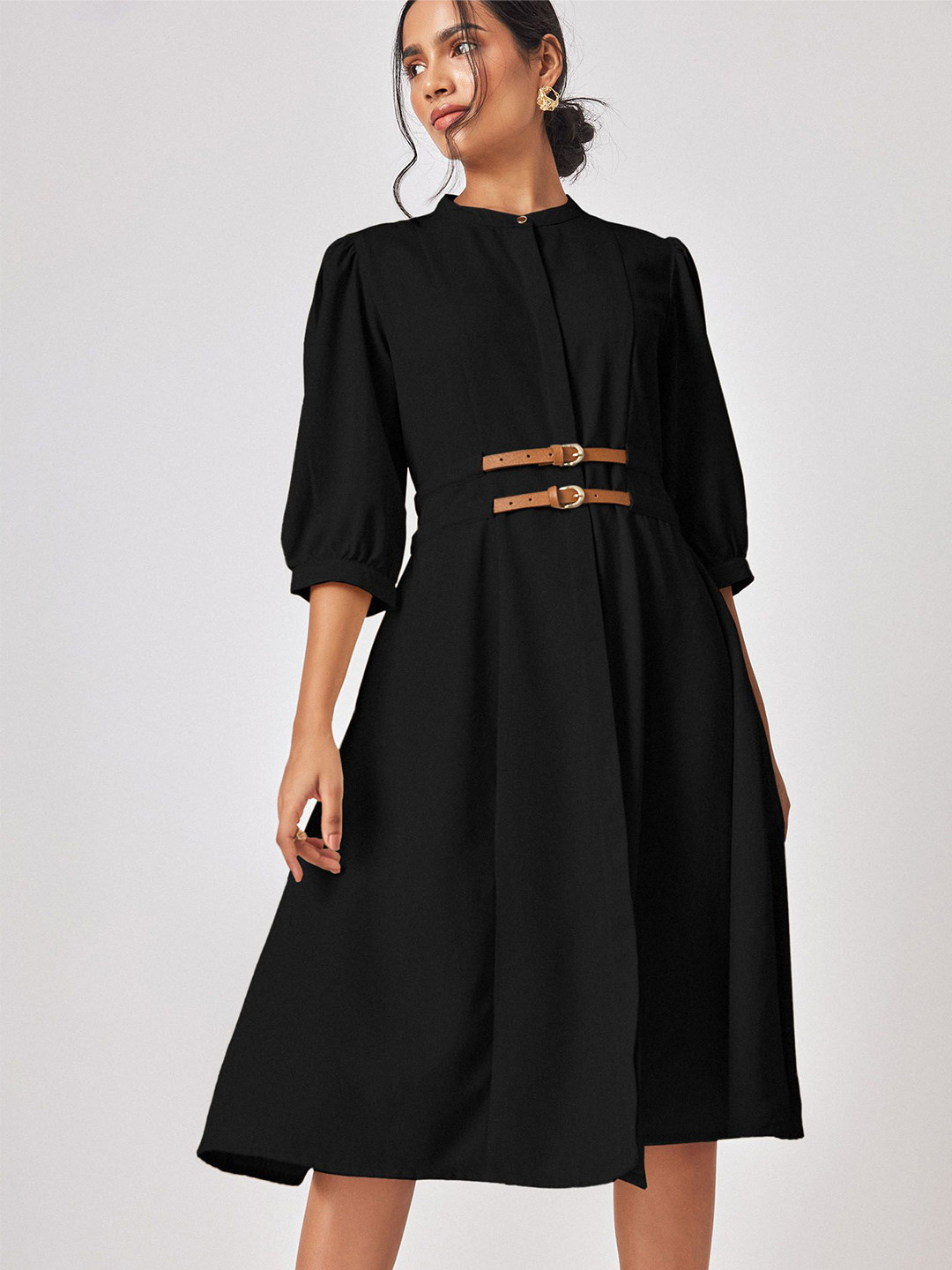 The Label Life Women Puff Sleeve Double Belted A-Line Dress