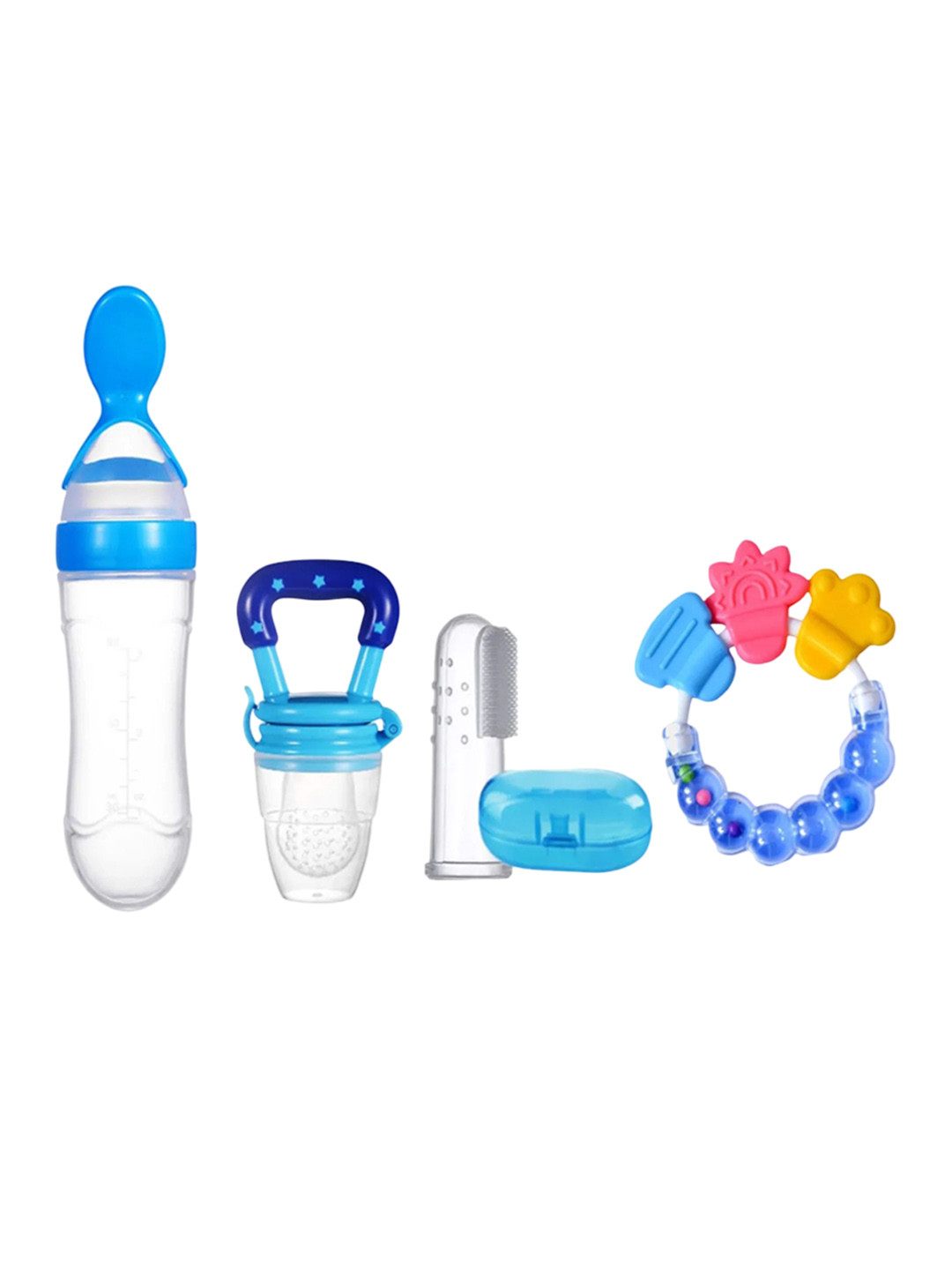 Kritiu Kids Set Of 4 Food & Rattle Teether Brush, Rattle Fruit & Nibbler - Blue