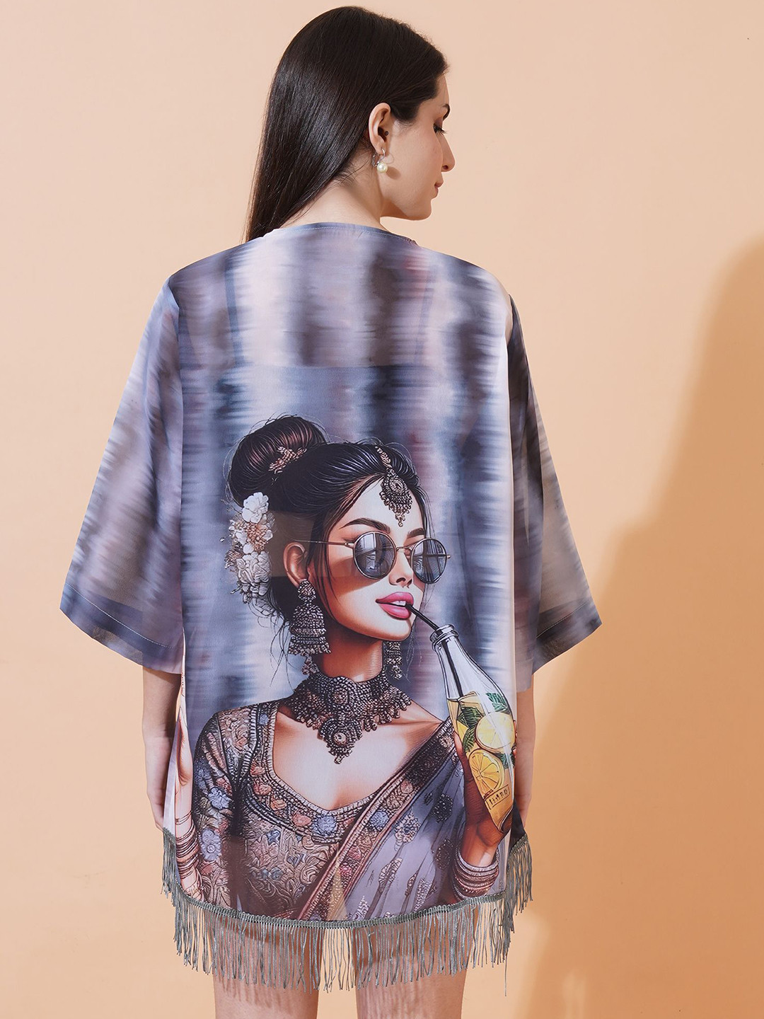 ARV TRENDS Woman In A Stripe Back Printed Mandarin Collar Waterfall Georgette Shrug