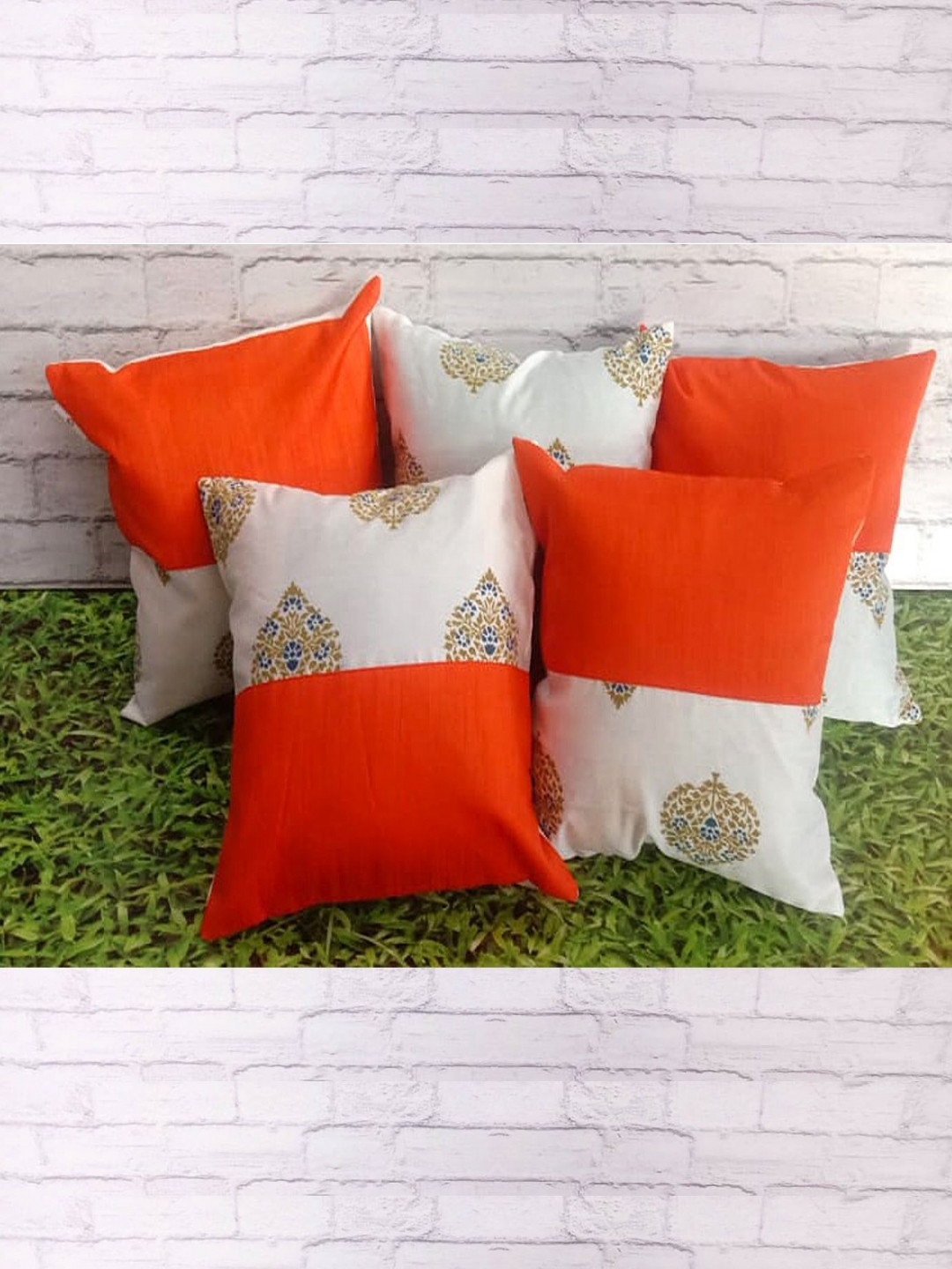 Pink Parrot Orange Ciolored 5 Pieces Printed Jacquard Silk Square Cushion Covers