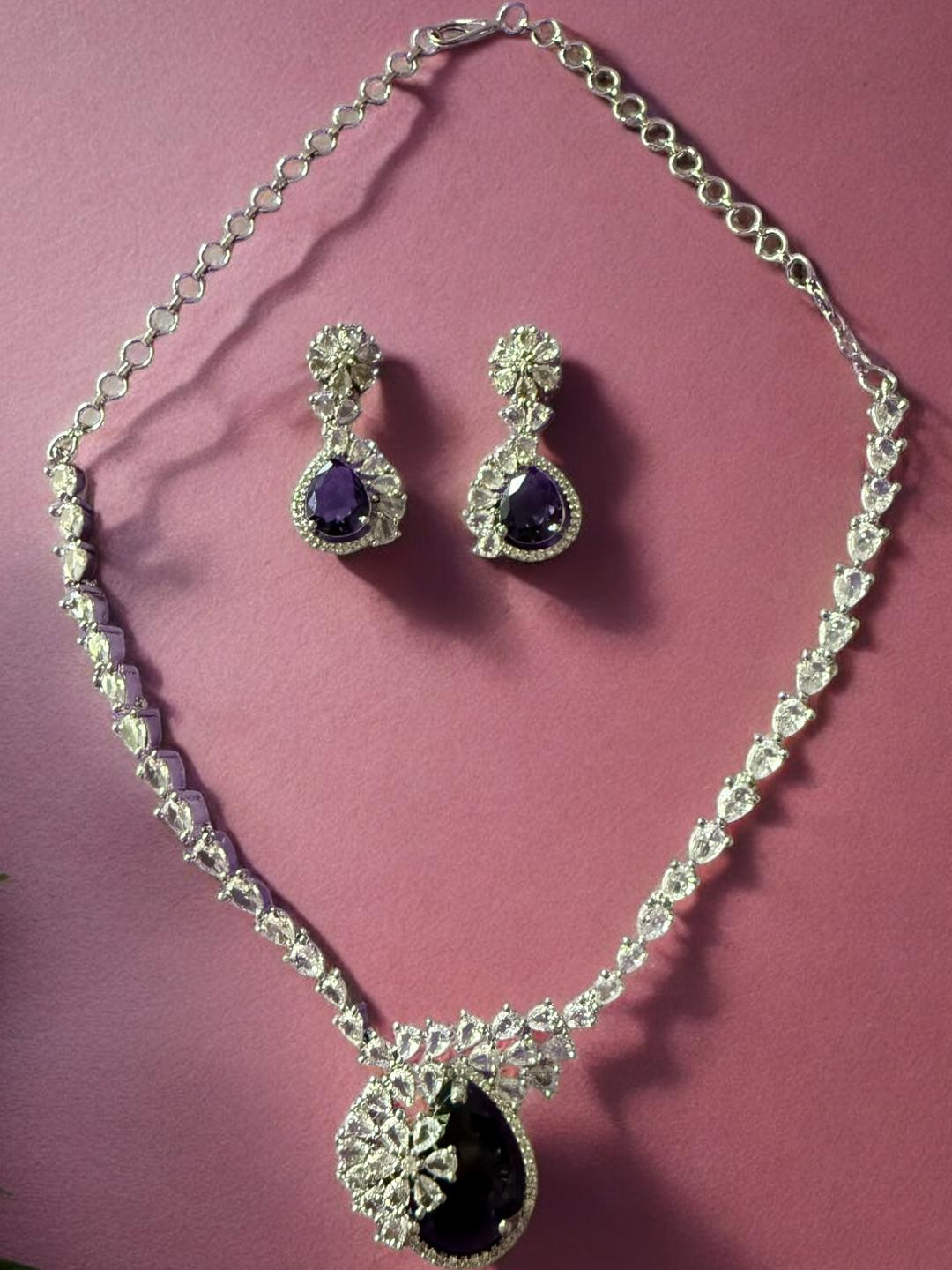 Anouk Women Rhodium Plated Purple Cubic Zircon Stone Studded Purple Jewellery Set