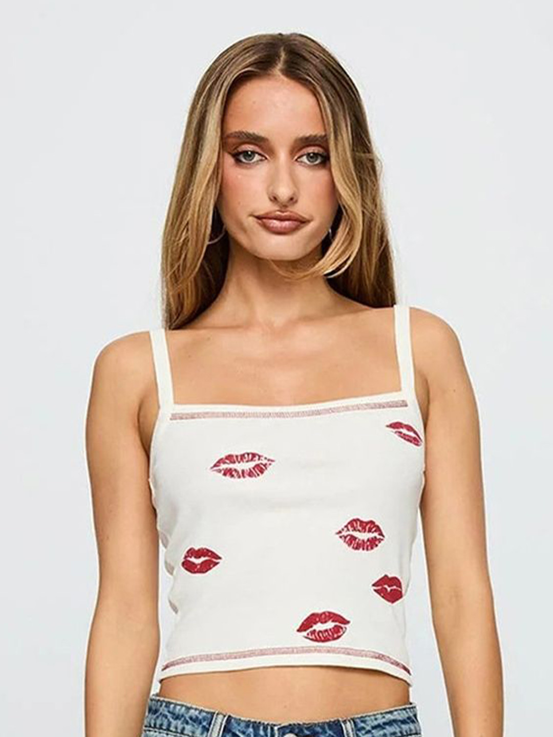 LULU & SKY Women Square Neck Graphic Crop Top