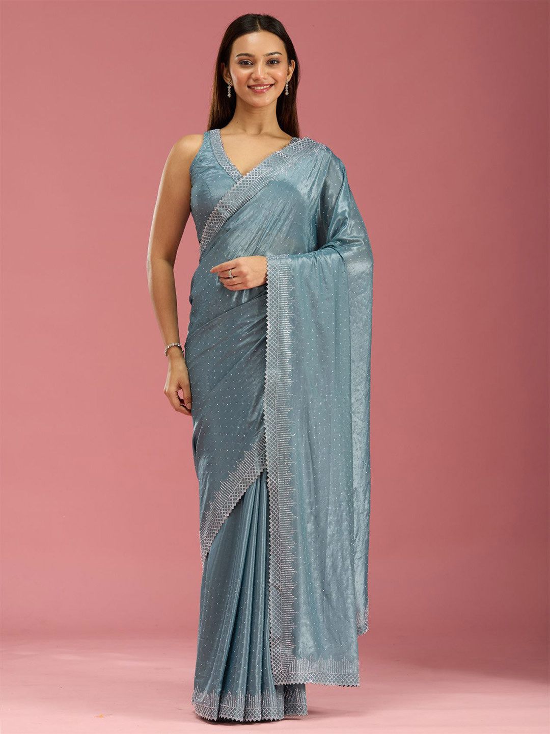 Koskii Teal Green Stonework Silver Satin Saree