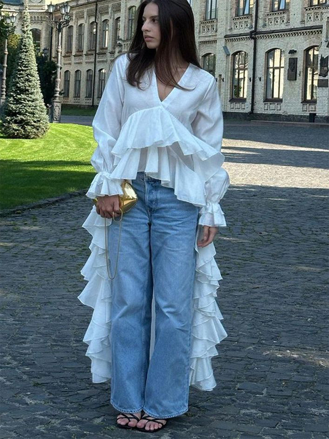 LULU & SKY Women Solid Ruffled V-neck Bell Sleeves Top