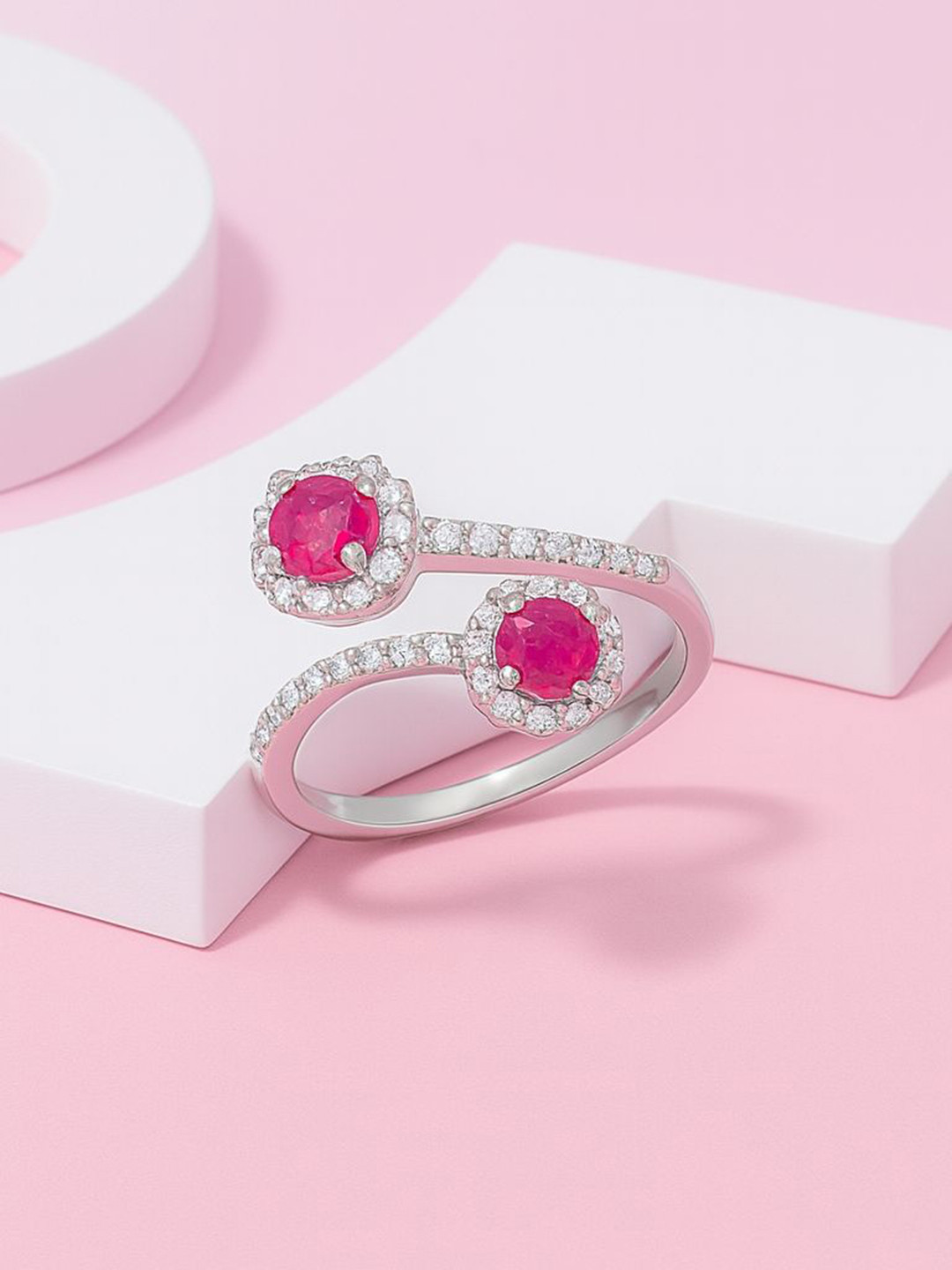 Zisthi 925 Sterling Silver Natural Ruby Bypass Couple Love Ring