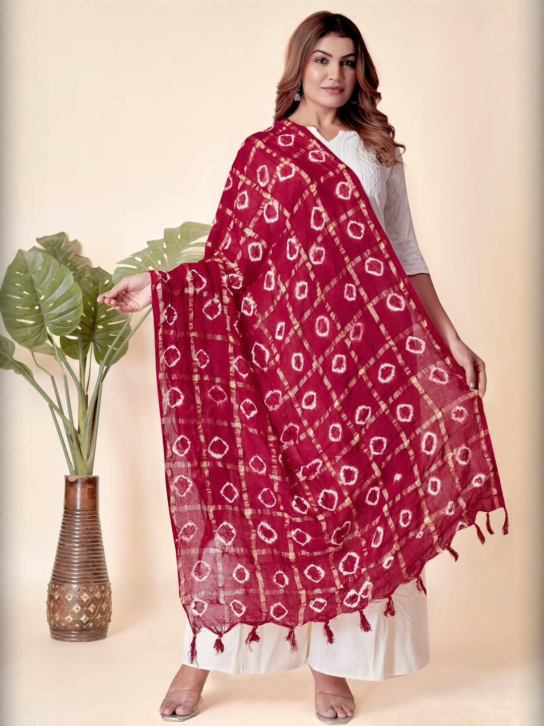 EBADAT Printed Red Cotton Dupatta