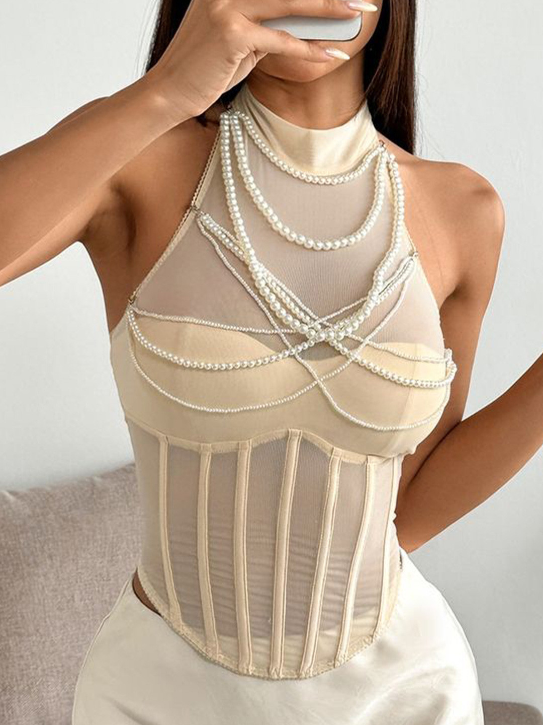 LULU & SKY Women Halter Neck Lace Inserts  Backless Corset Top