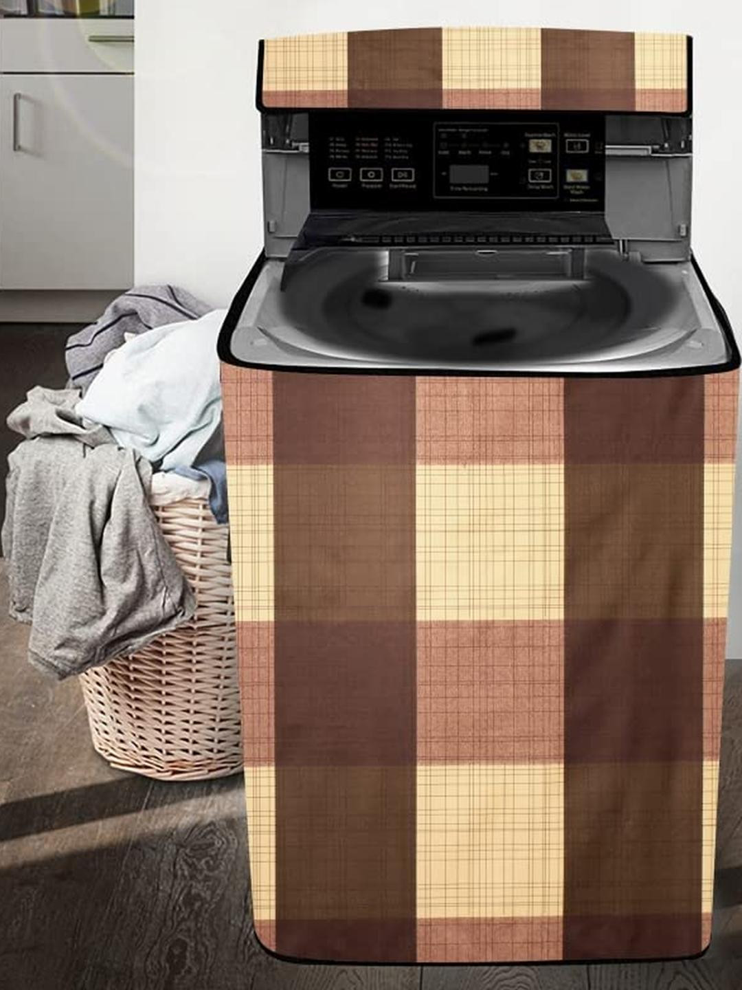 The Furnishing Tree Washing Machine Cover Gingham Pattern Beige Compatible for Whirlpool 13 Kg Full