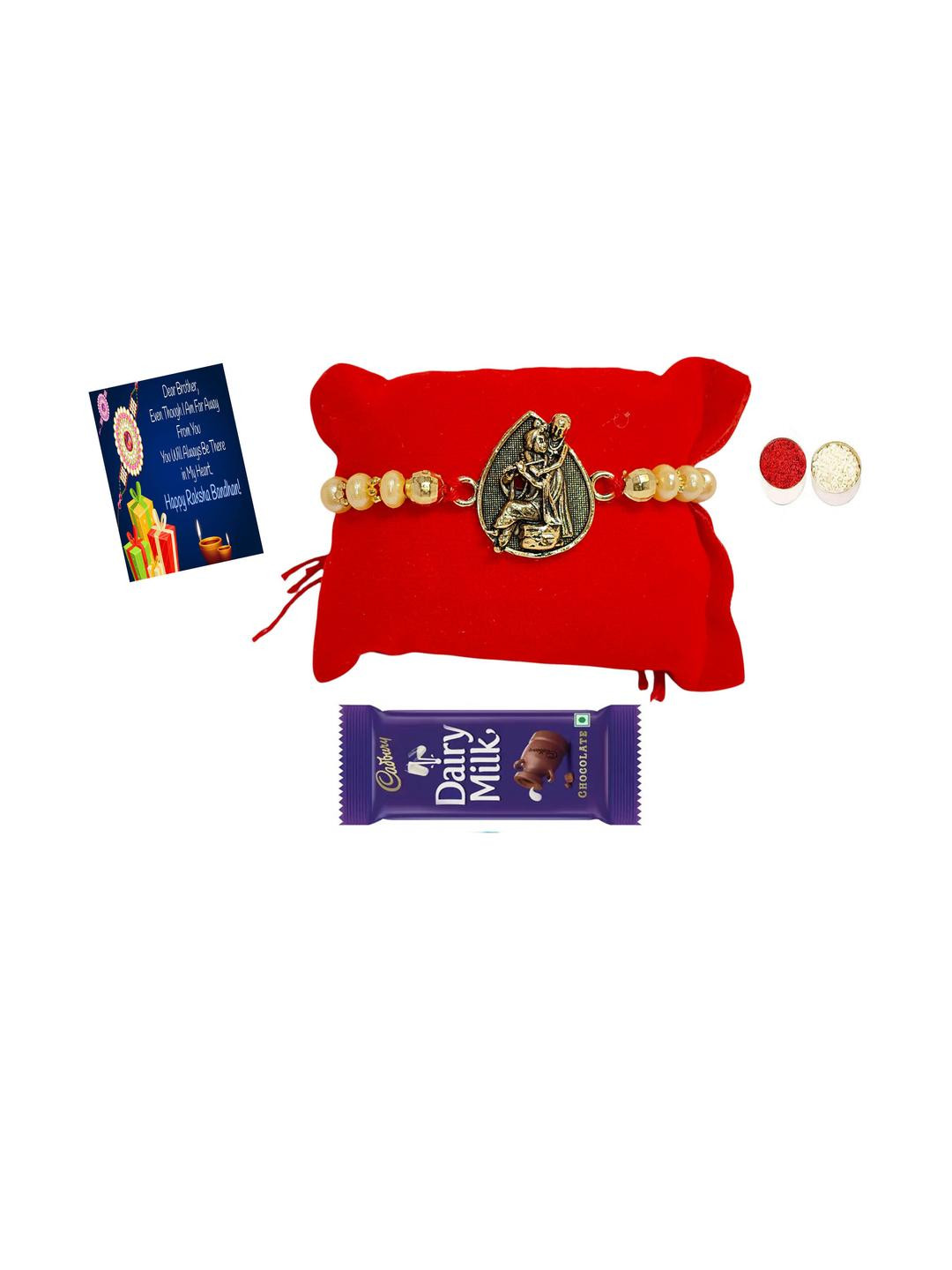 Krishna Metal Rakhi choclate Greeting card n Roli