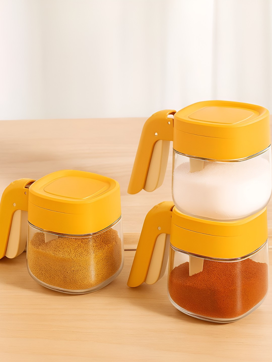 Baskety Yellow 3 Piece Glass Spice Jar With Plastic Spoon Airtight Lid Handle