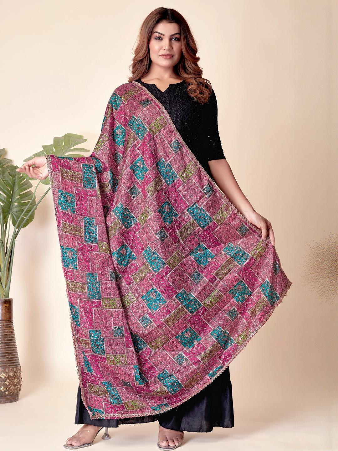 EBADAT Printed Pink Chiffon Dupatta