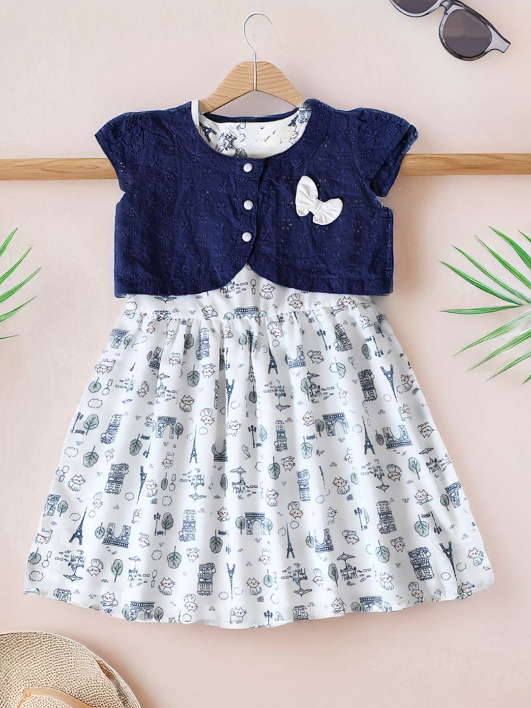 BAESD Girls Conversational Printed Fit & Flare Dress With Cap Sleeves Embroidered Shrug