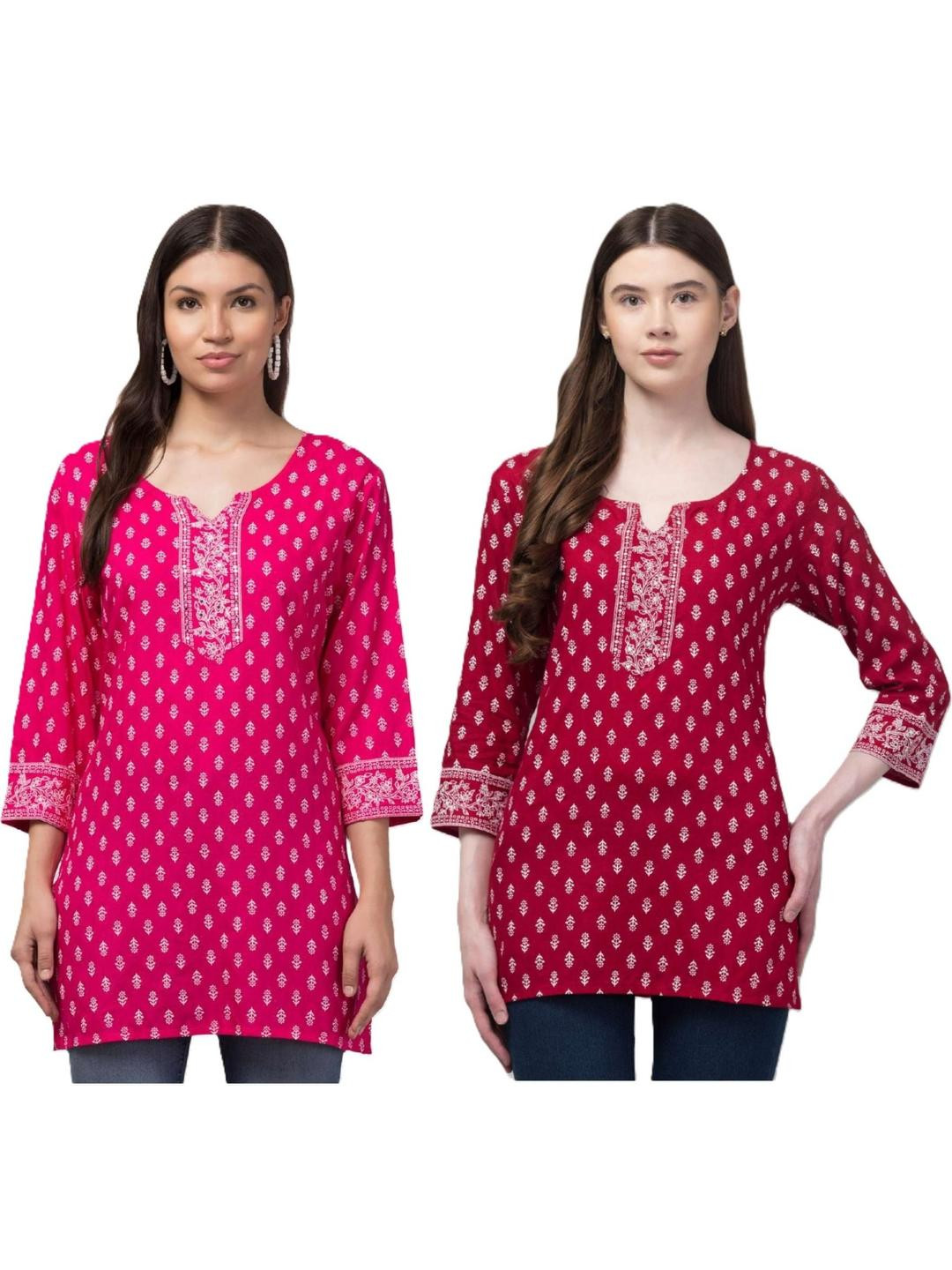 Aura Glam Combo Pack of 2 Women's Rayon Bootie Print Short Kurti (Rani&Maroon)