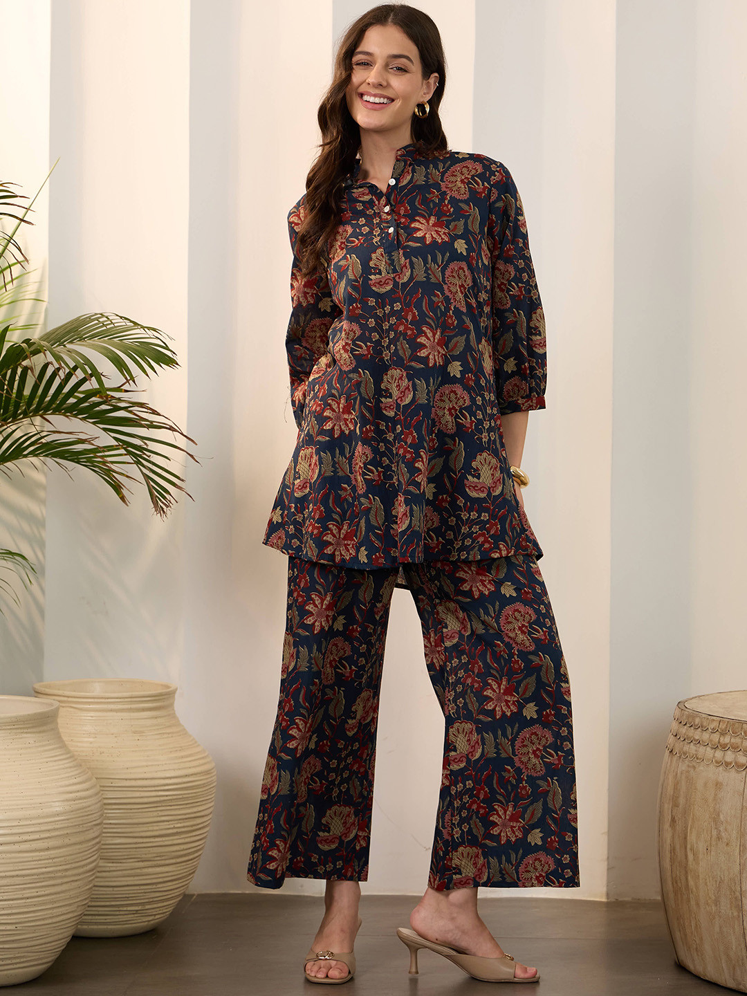 IMANA Printed Pure Cotton Mandarin Collar Neck Top With Palazzo Co-Ords