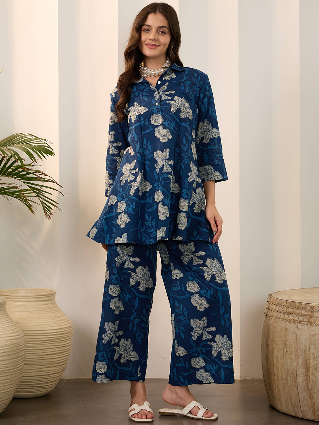 IMANA Printed Pure Cotton Shirt Collar Neck Top With Trousers Co-Ords