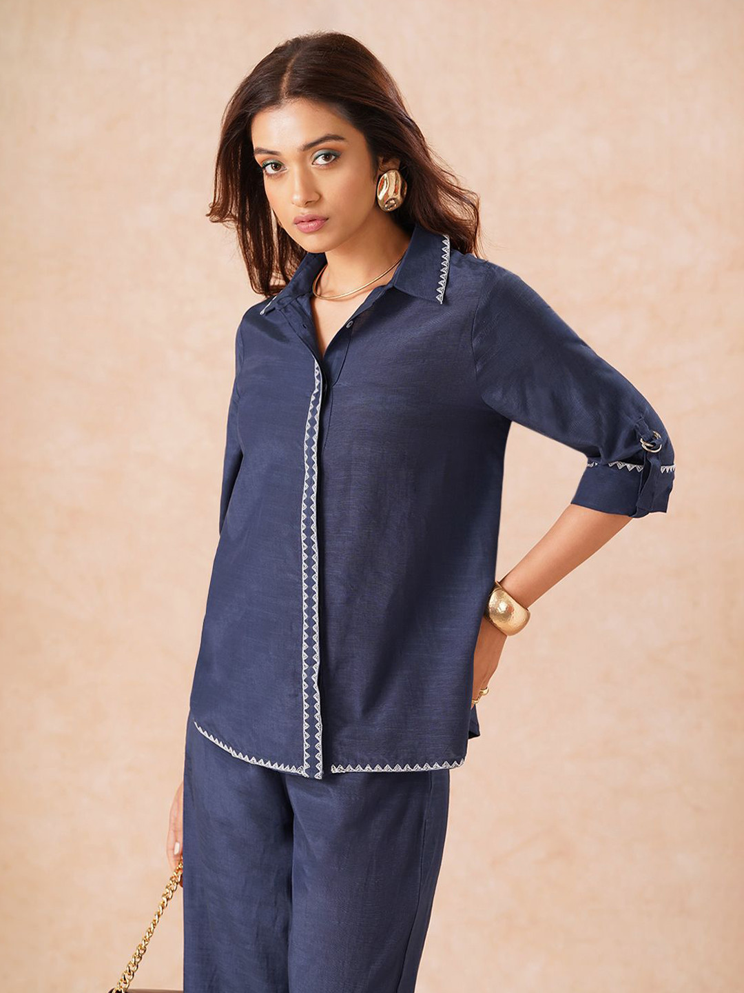Marigold Lane Women Roll-Up Sleeves Shirt Style Regular Top with Embroidered Detail