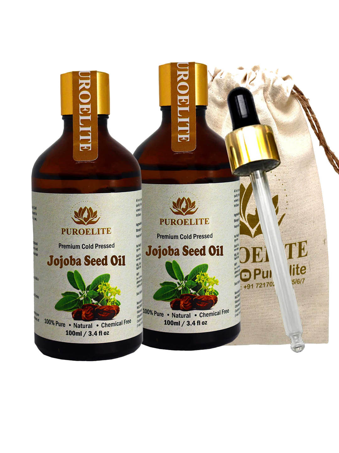 Puroelite Set Of 2 Cold Pressed Jojoba Seed Oil With Dropper For Face & Body - 100 ml Each