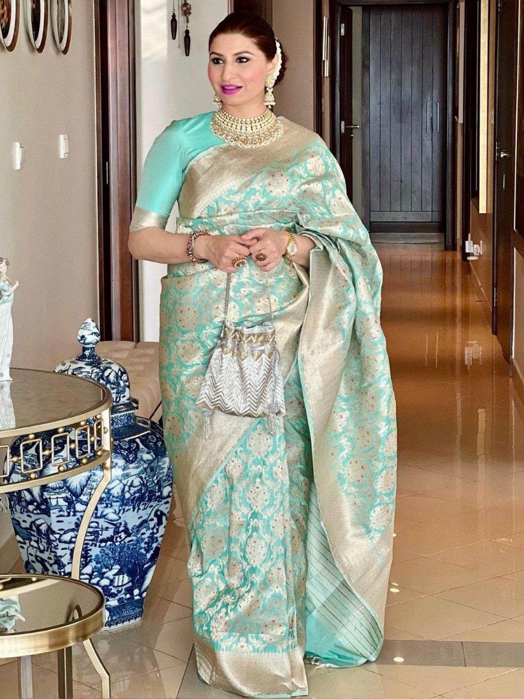 CaniBani Turquoise Blue Silk Blend Banarasi Sarees