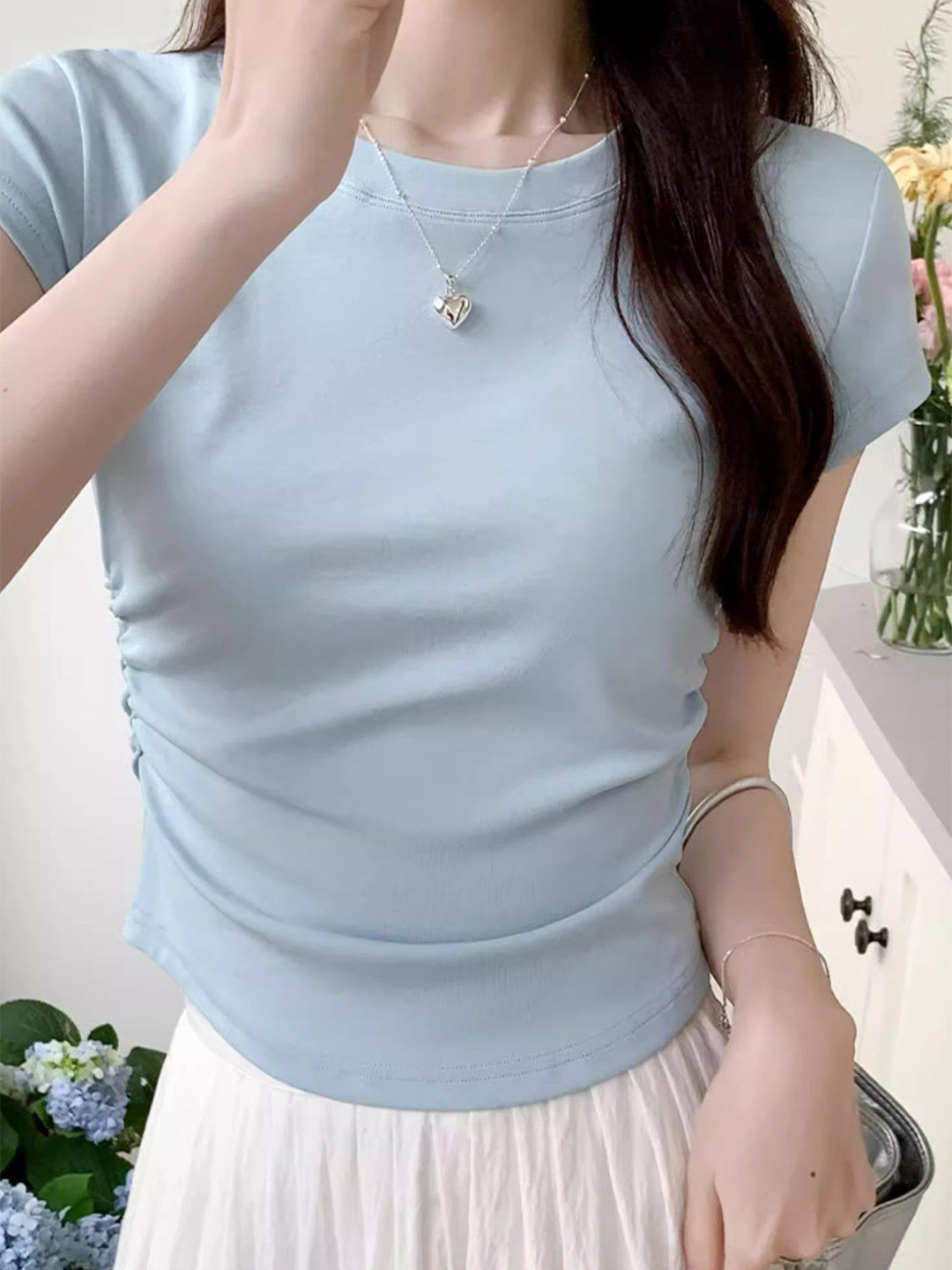 LULU & SKY Women Round Neck Ruched-seam Top