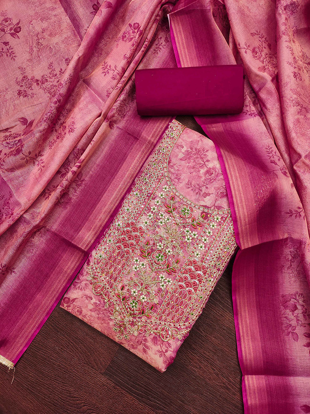 HERE&NOW Floral Printed Bedas & Stones Cotton Silk Unstitched Dress Material