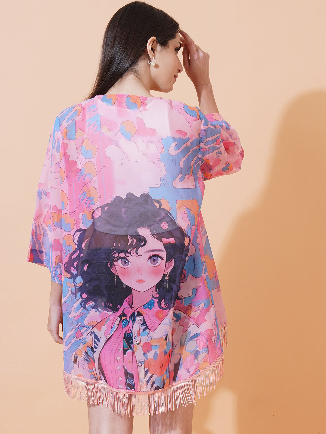 ARV TRENDS Abstract Back Printed Mandarin Collar Waterfall Georgette Shrug