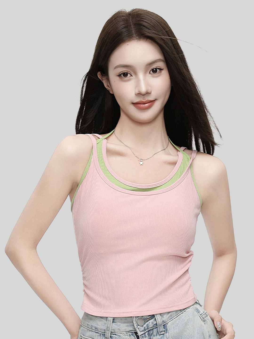 LULU & SKY Women Pink Ribbed Crop Tank Top