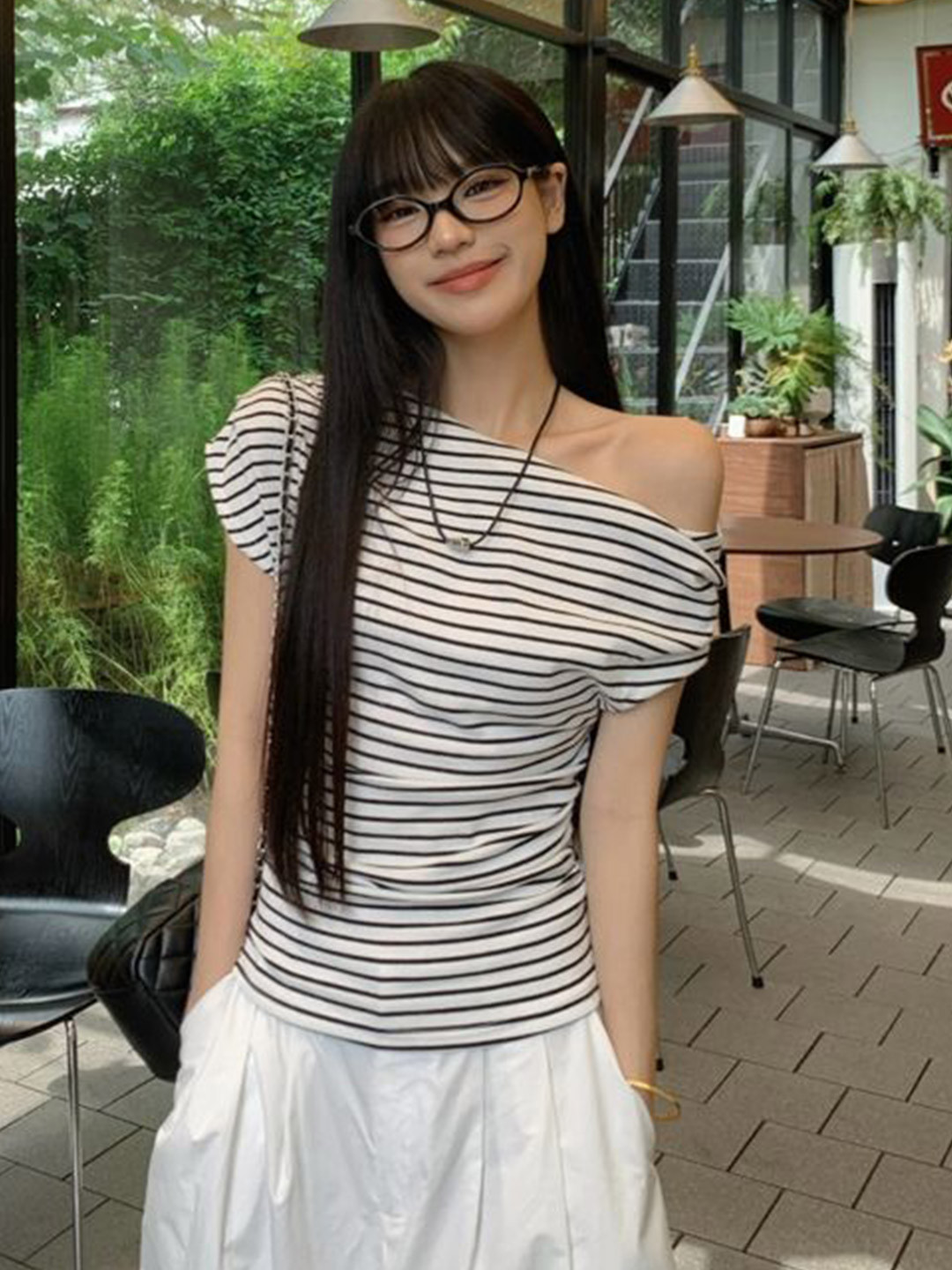 LULU & SKY Women One-Shoulder Striped Top
