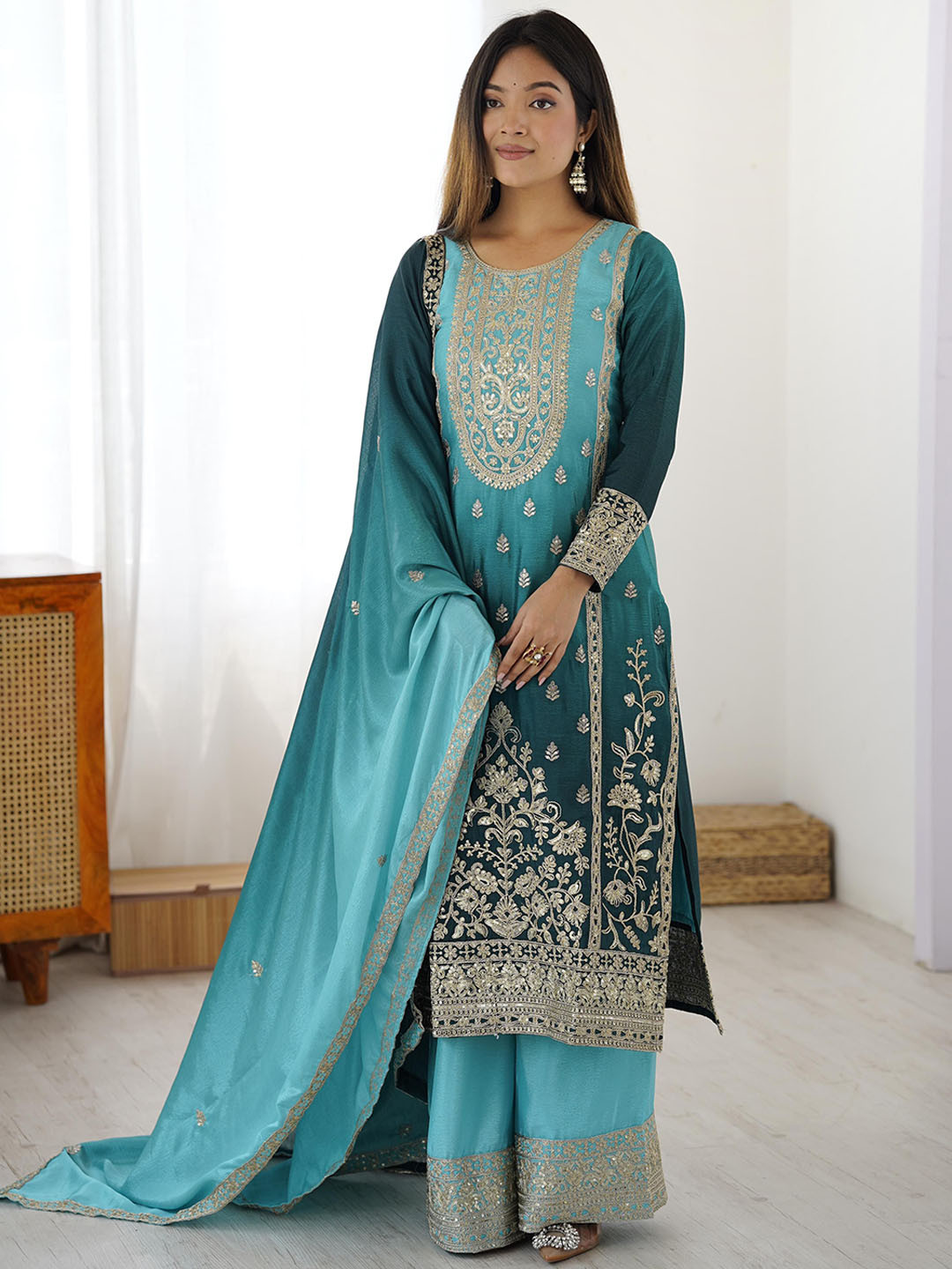 CANBIA Embroidered Round Neck Beads & Stones Straight Kurta With Trousers & Dupatta