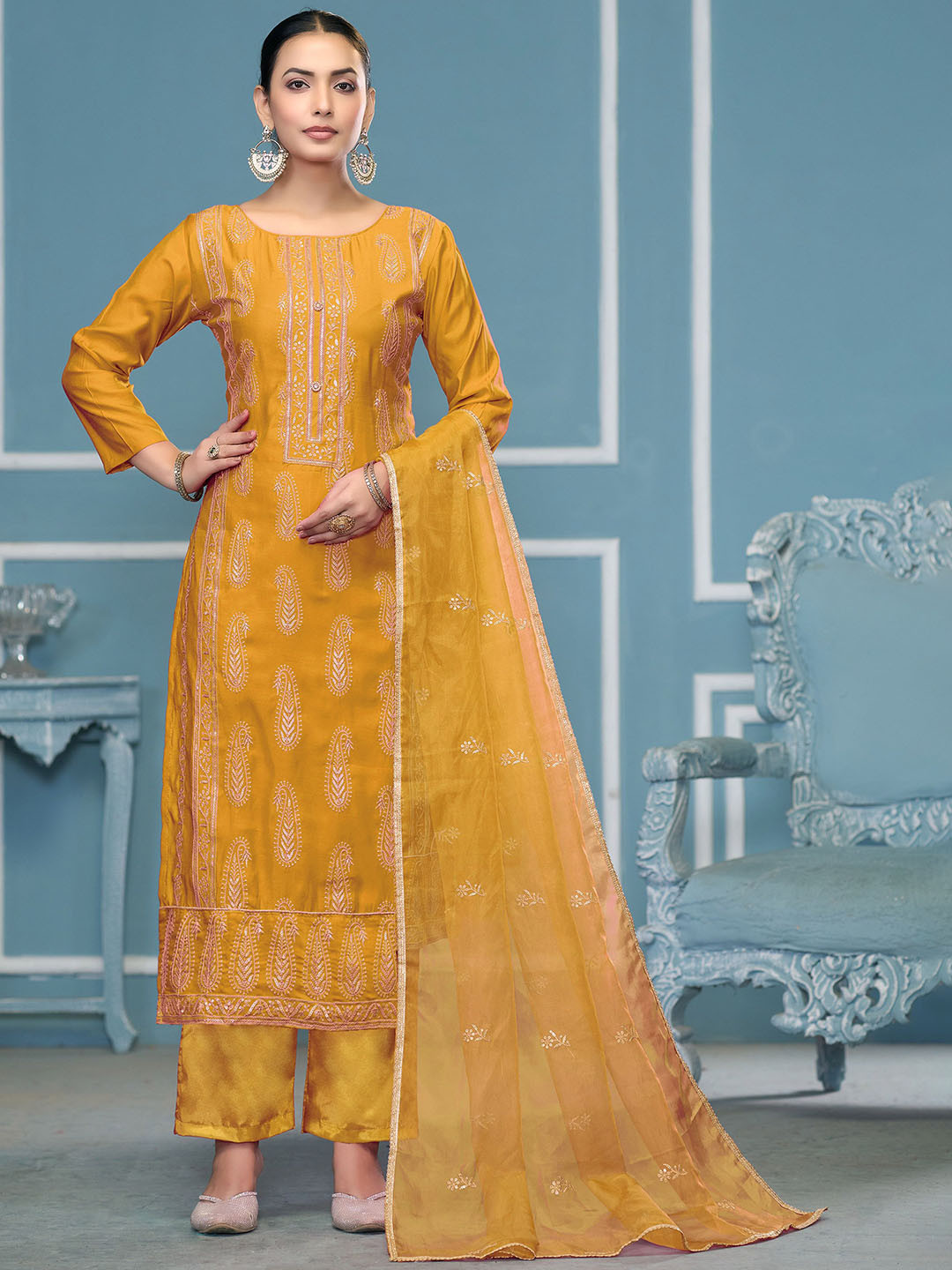 HERE&NOW Paisley Embroidered Sequinned Roman Cotton Unstitched Dress Material