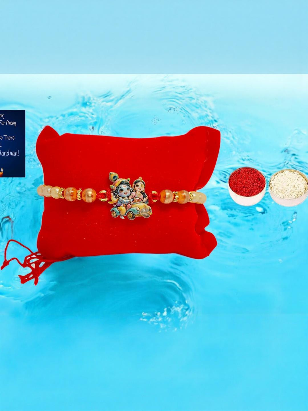 Radha Krishna  Metal Rakhi  Greeting card n Roli