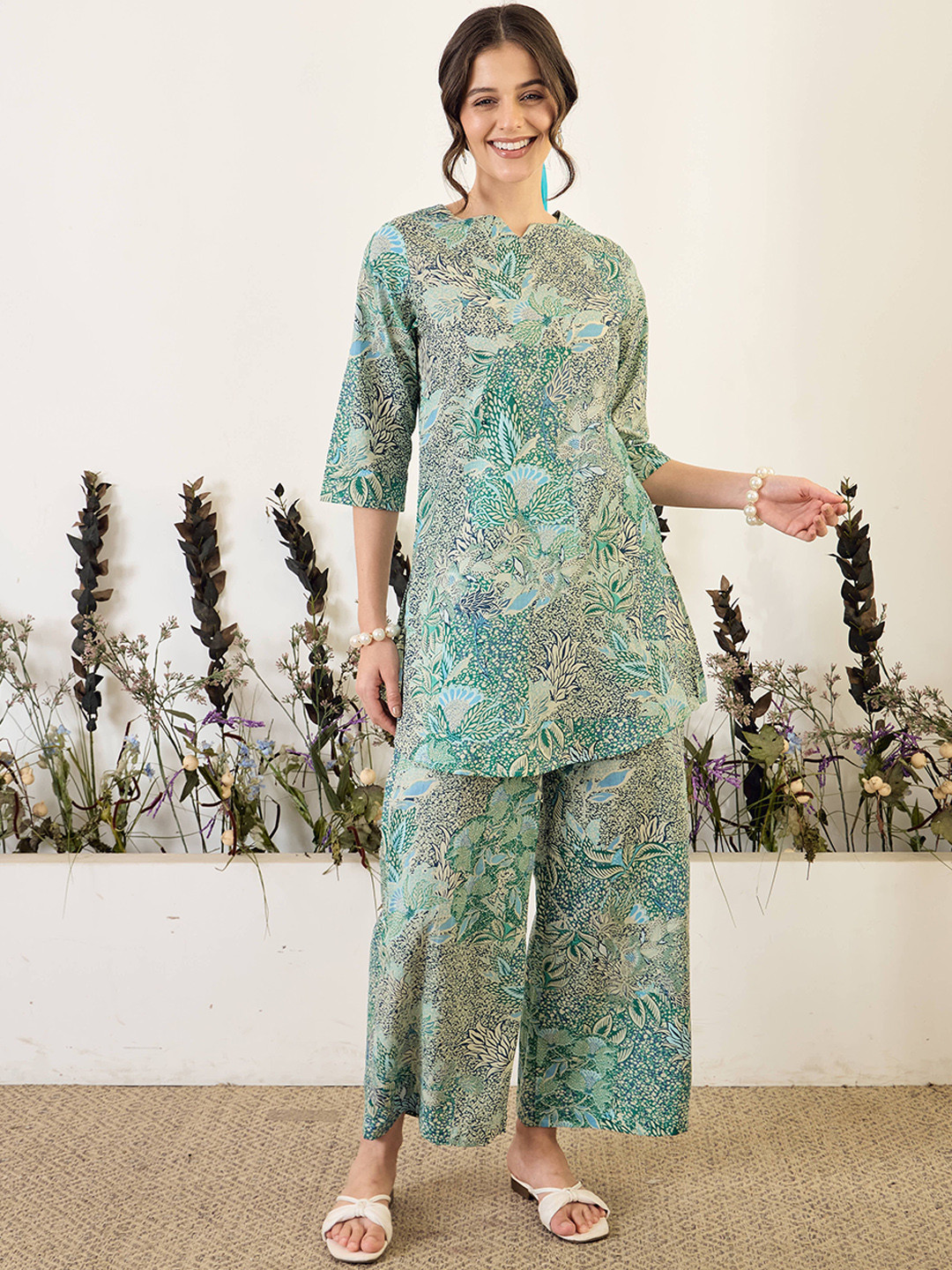 IMANA Printed Pure Cotton V-Neck Top With Palazzo Co-Ords