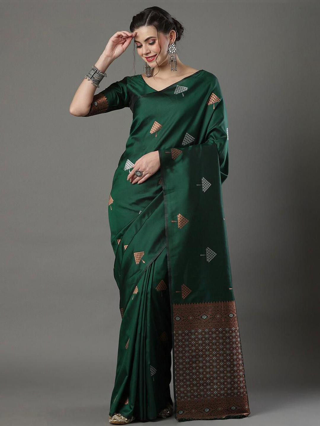 CaniBani Green Silk Blend Banarasi Sarees
