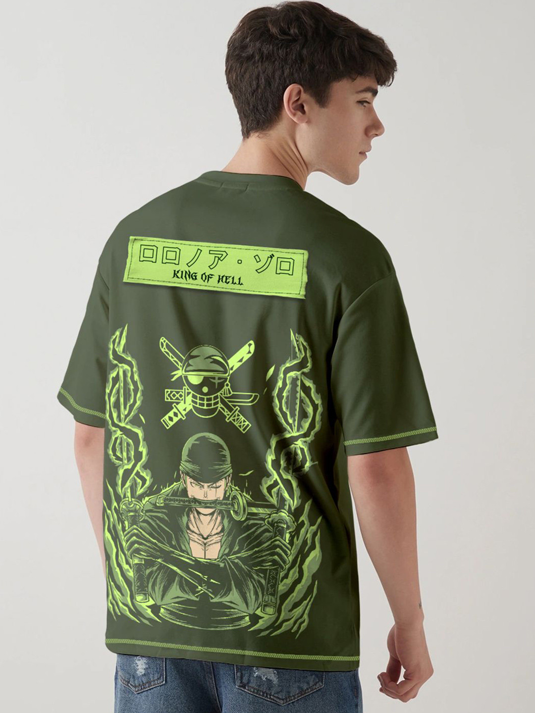 Crazymonk Zoro X King Of Hell Printed Drop-Shoulder Sleeves Oversized Cotton T-shirt