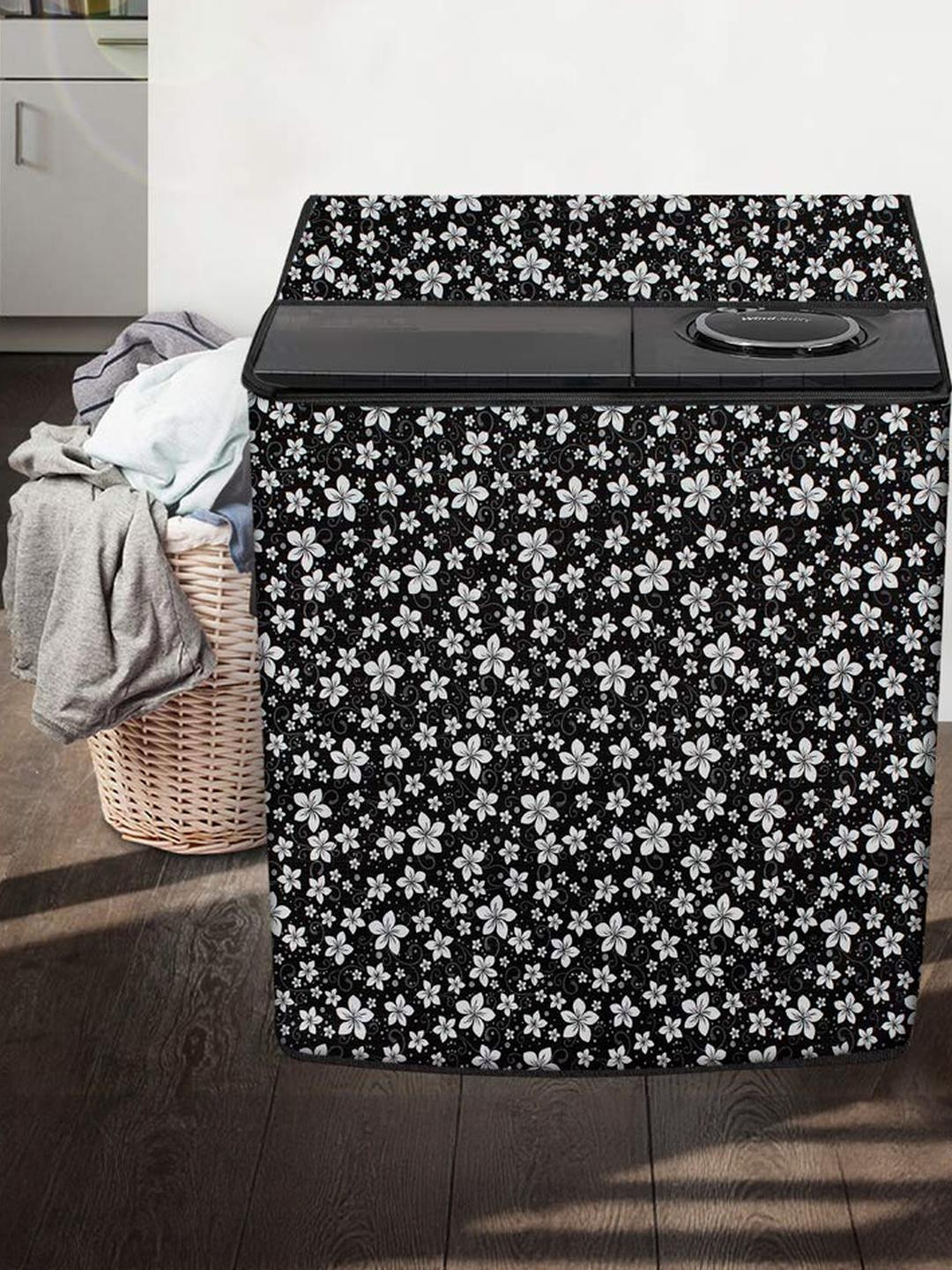 The Furnishing Tree Washing Machine Cover Floral Pattern Black Compatible for Whirlpool 8 Kg Semi-A
