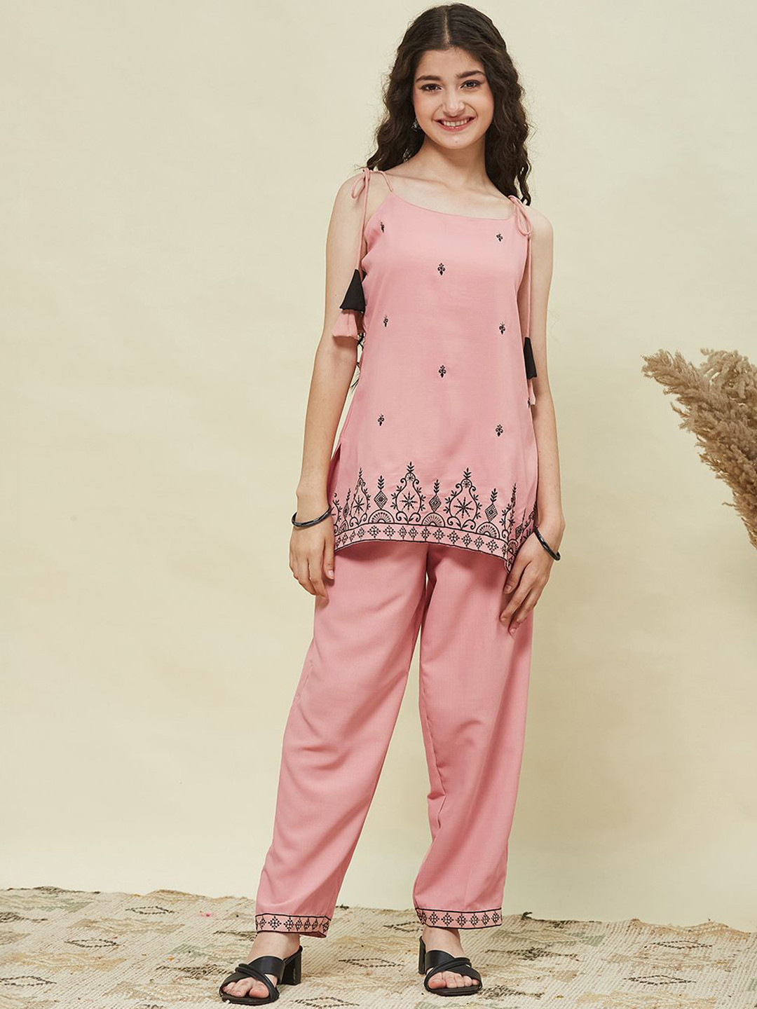 CurlyTales Girls Embroidered Anarkali Kurta and Pant Set