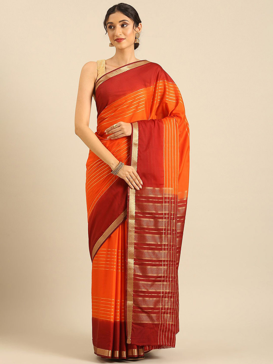 Taashi Woven Stripes 2d Dyed Semi Crepe Saree