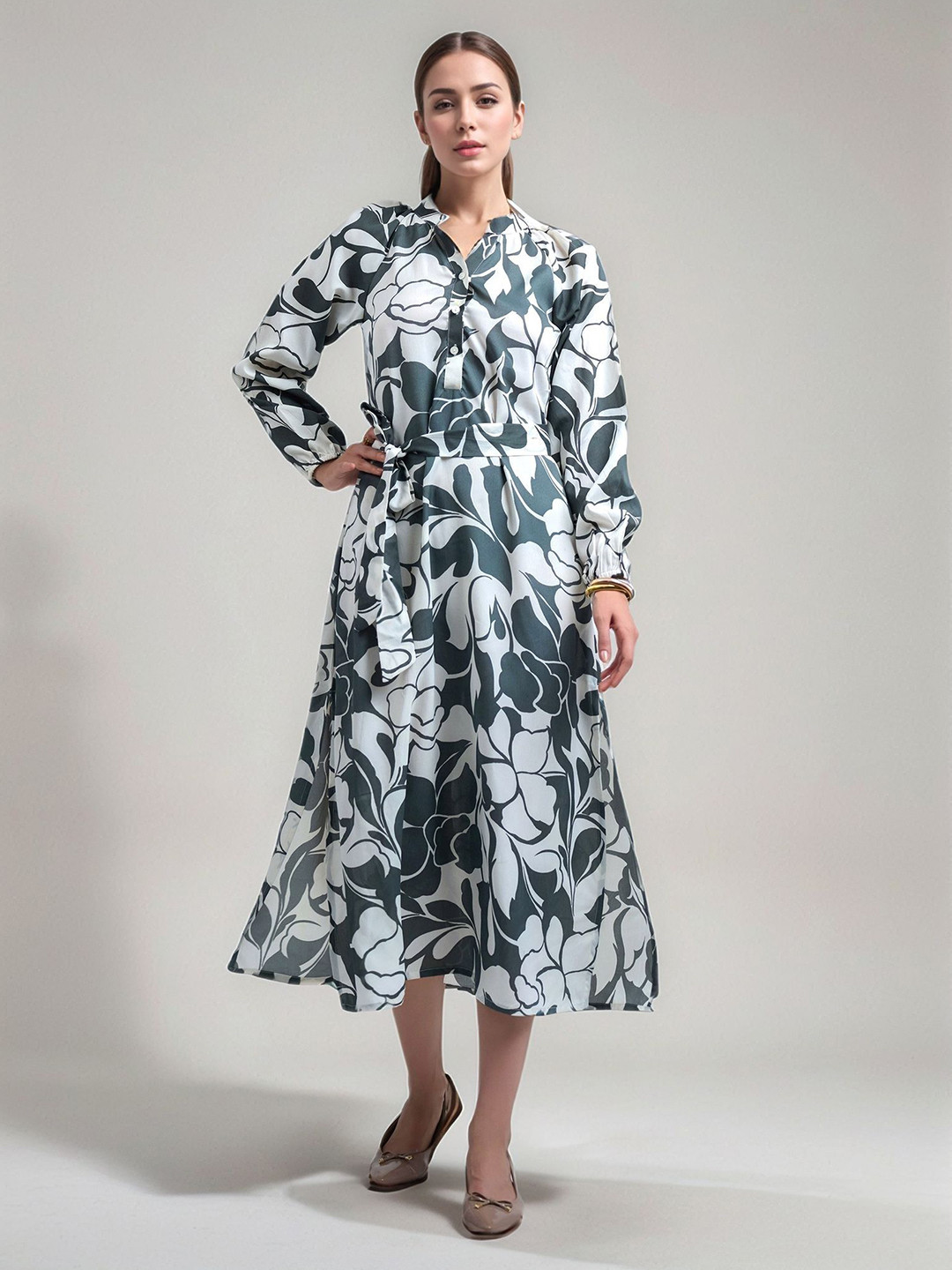 DressBerry Women Printed Chinese Colllar Puff Sleeves Crepe Shirt Midi Dress