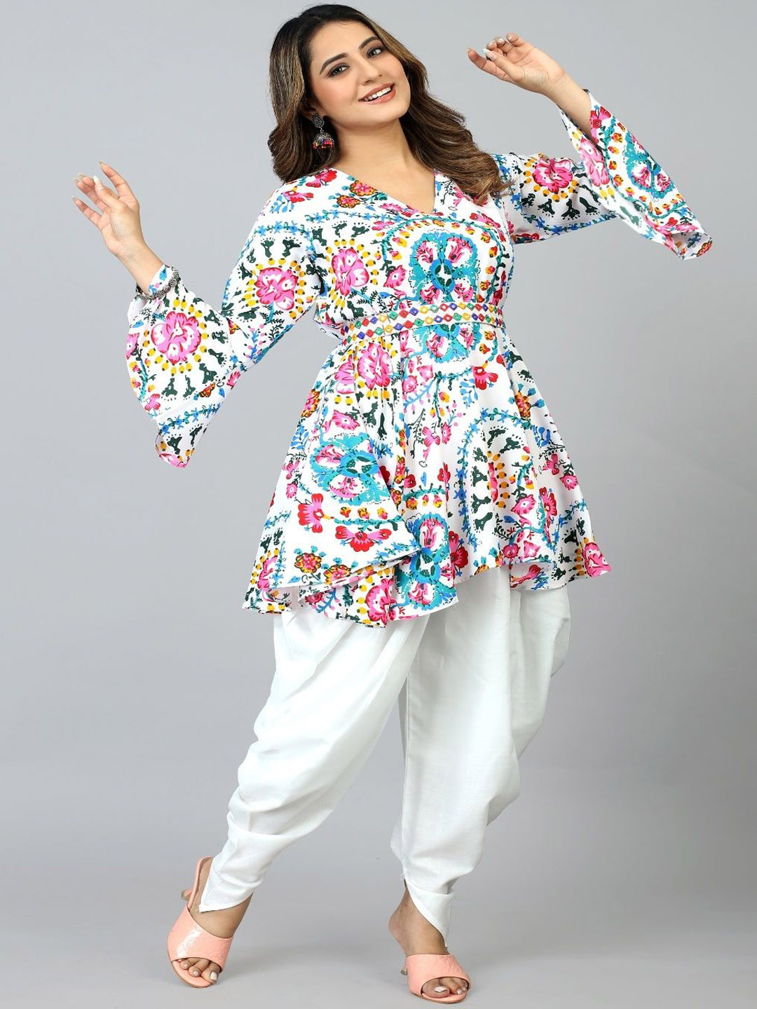 SHINEBIN Floral Printed V-Neck Anarkali Kurti With Dhoti Pants